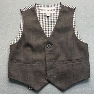 Nordstrom Suit Vest Boys 4 Brown Herringbone Gingham Back Excellent Wool Blend